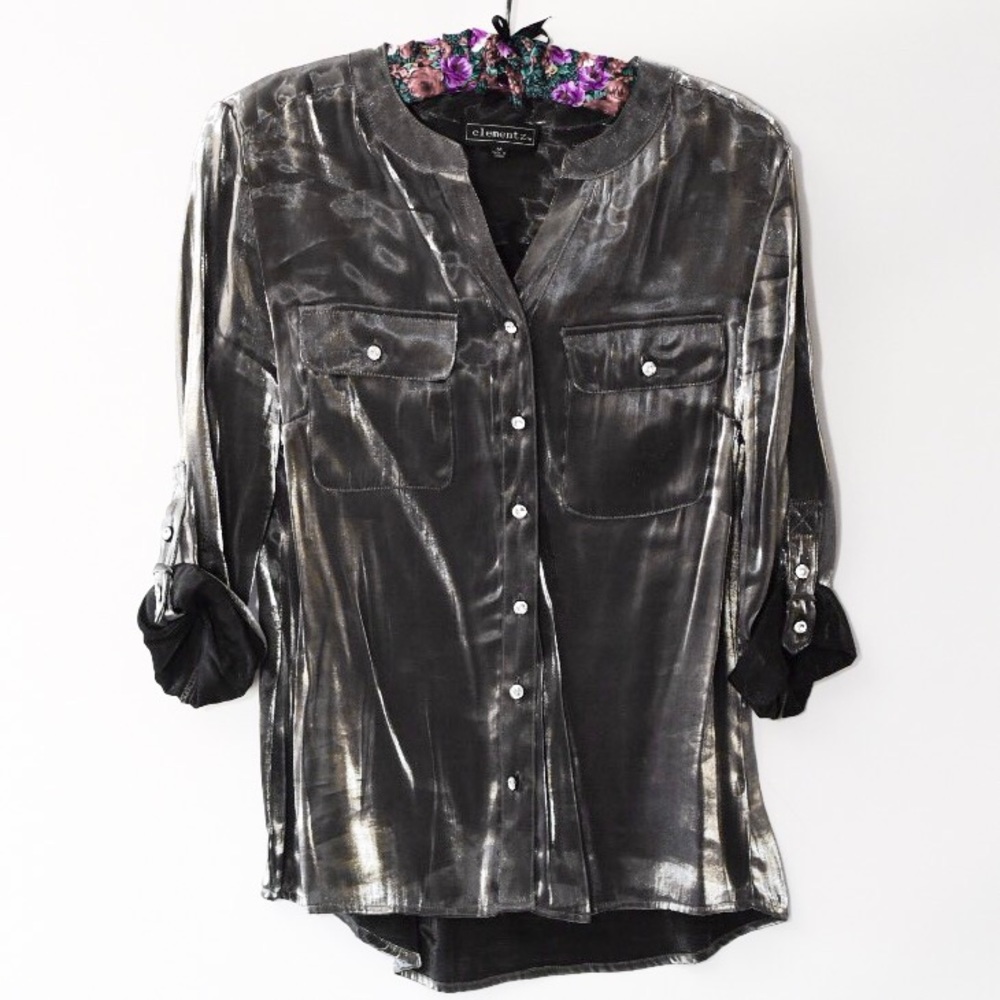 Gray and Silver Metallic Button Up Top